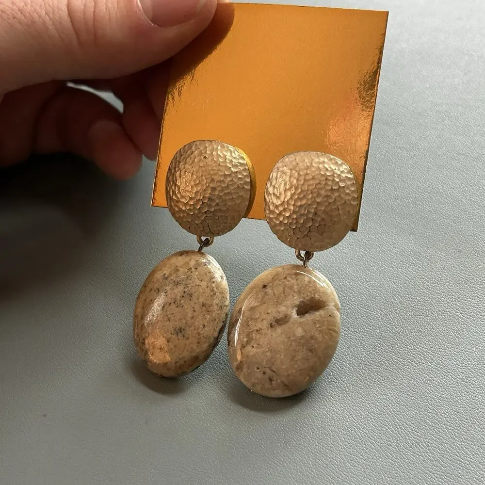 Handcrafted Oval Stone Metal Dangle Earrings Clip-On Beige Gold